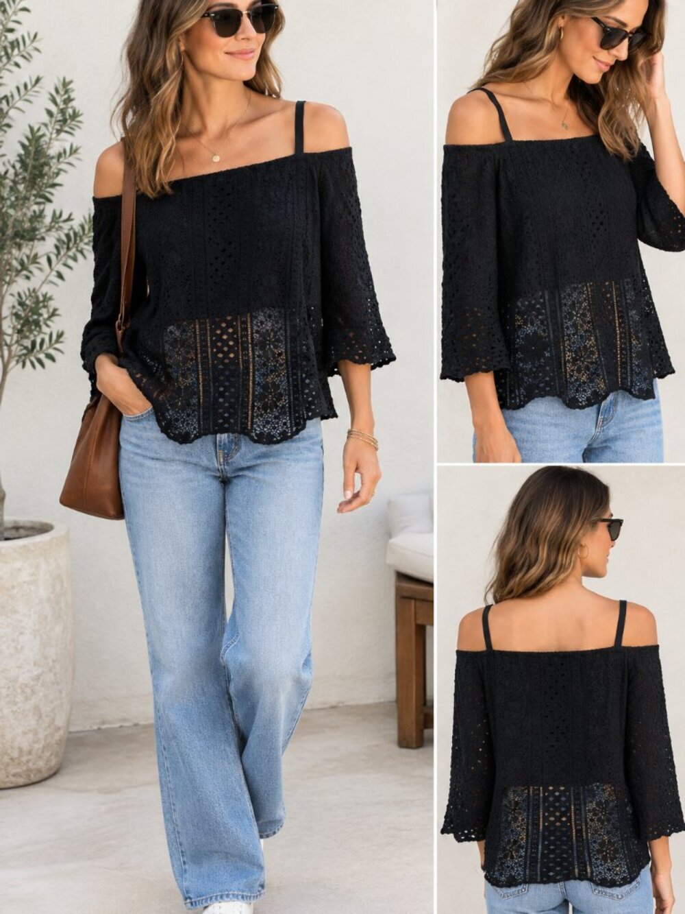 PARKER Black Eyelet Lace Top Trumpet 3/4 Sleeve Lined Small Coastal Dark Romance
